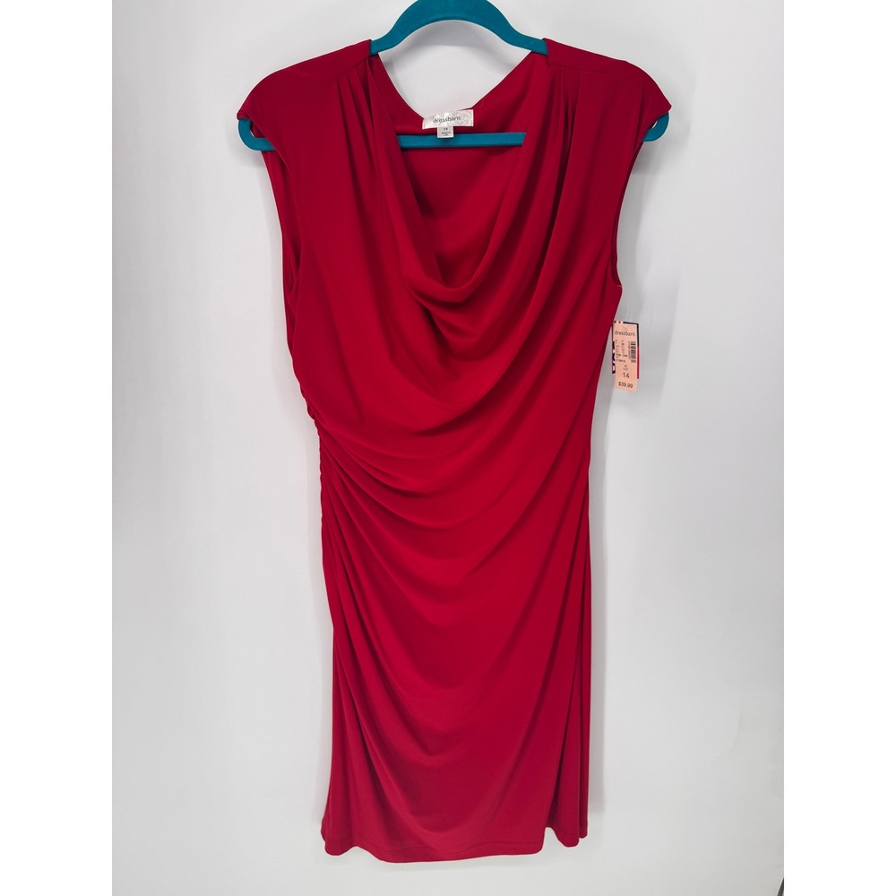 Dressbarn Sheath Dress Womens 14 Red NWT Cowl Neck Ruched Sleeveless Draped